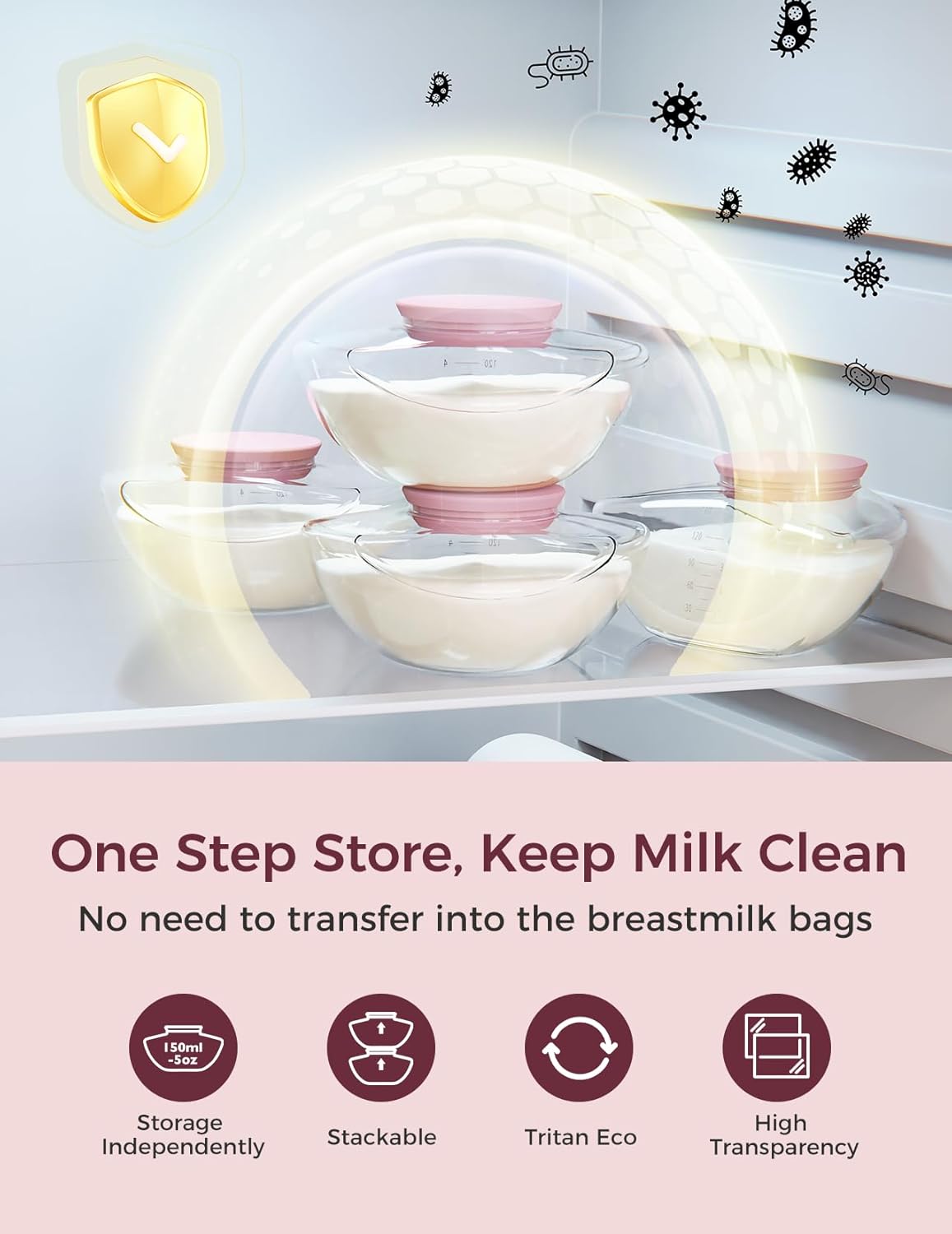 Momcozy hands free breast pump storage solution with stackable milk containers in a fridge