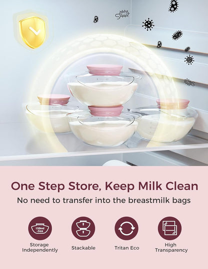 Momcozy hands free breast pump storage solution with stackable milk containers in a fridge