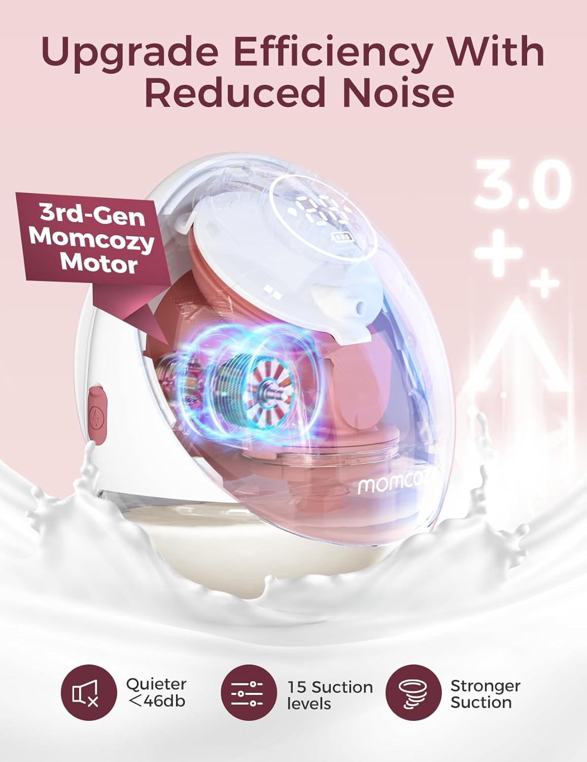 Momcozy hands free breast pump with 3rd-Gen motor for quieter and stronger suction