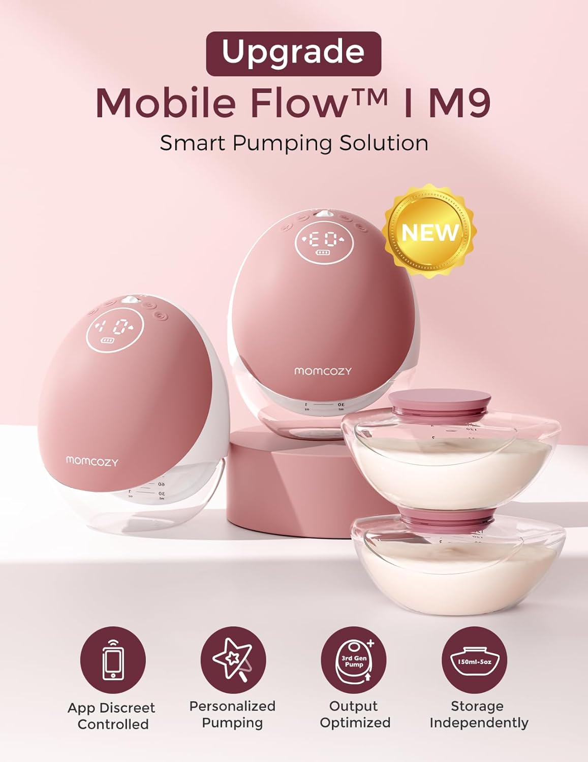 Momcozy Mobile Flow I M9 Smart Hands Free Breast Pump with app control and storage solution