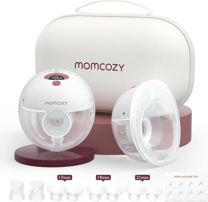 Momcozy M5 hands free breast pump with removable flanges and storage case for convenient pumping