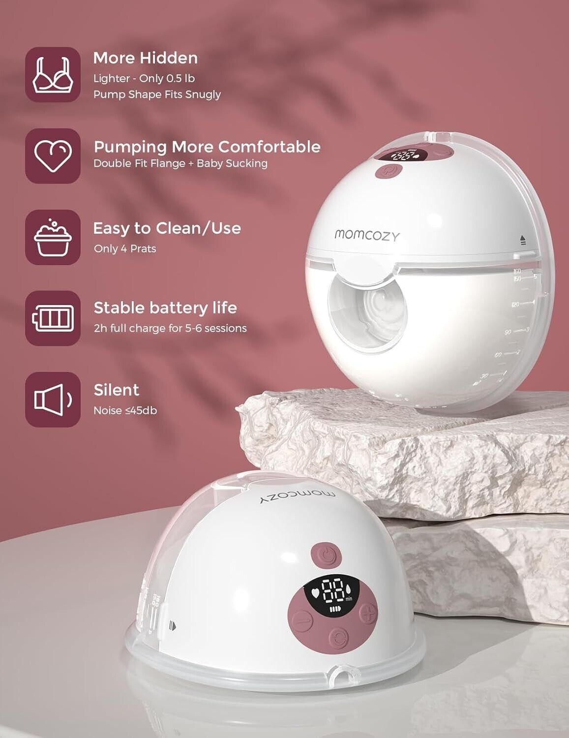 Momcozy M5 hands free breast pump featuring easy clean design and quiet operation