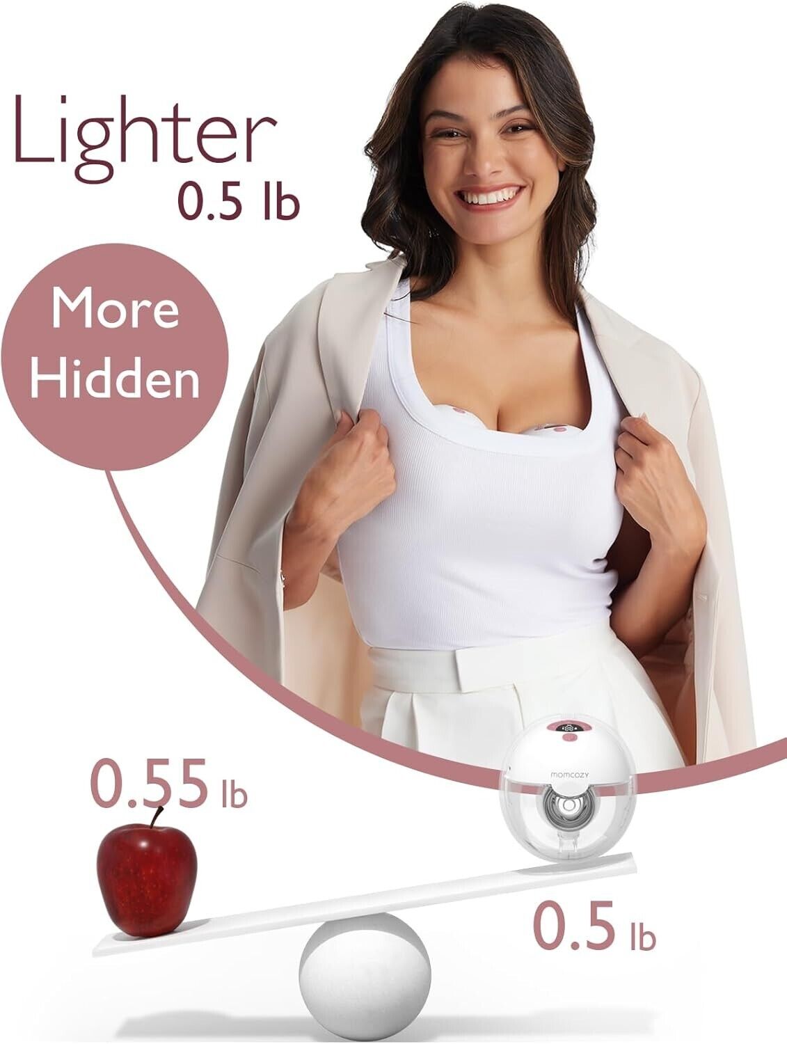 Momcozy M5 hands free breast pump showcased by a smiling woman highlighting its lightweight design