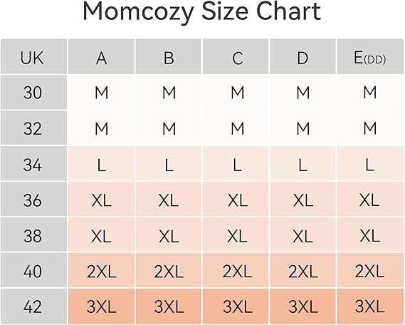 Momcozy Size Chart for nursing bras for breastfeeding XXL in UK sizes and cup sizes