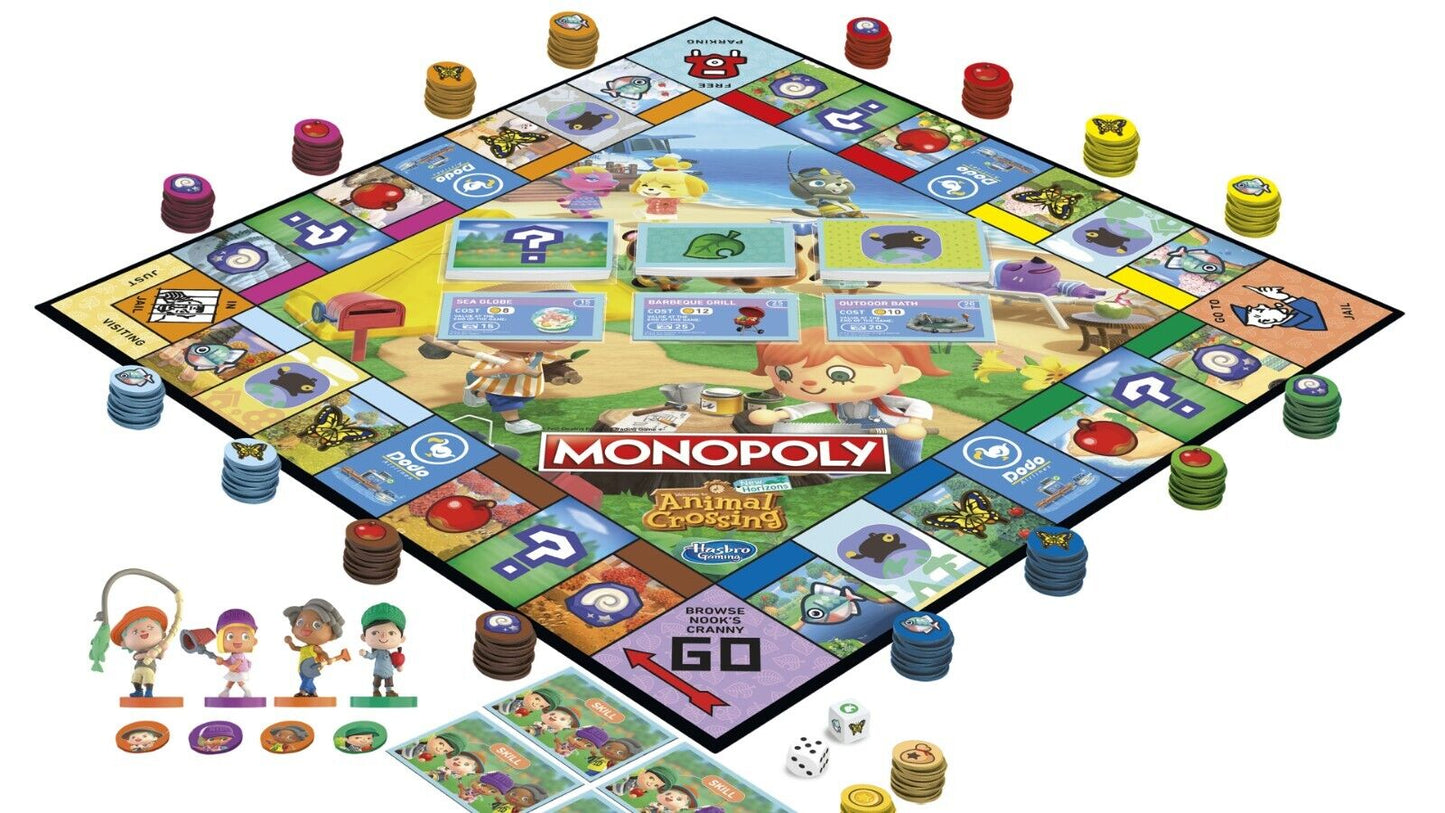 Animal Crossing Monopoly Board Game featuring colorful tokens and community chest cards