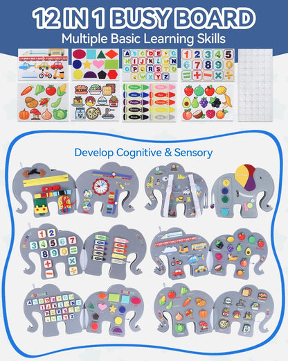 Heypappy Montessori busy board for toddlers featuring 12 engaging activity panels for skill development