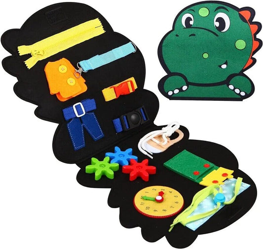 Dinosense Montessori busy board for toddlers featuring zippers, buttons, and colourful shapes for sensory play
