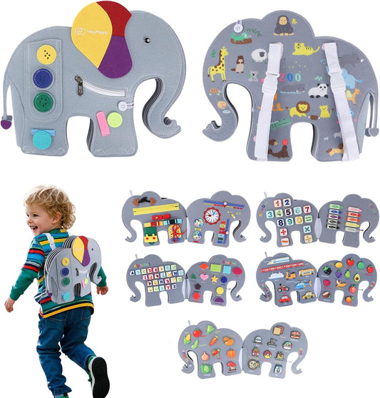 Heypappy Montessori busy board for toddlers featuring various activities and a fun elephant design