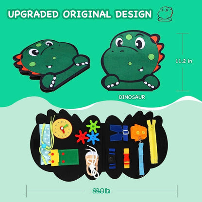 Montessori busy board for toddlers featuring a dinosaur design with various interactive elements