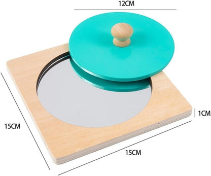 Montessori mirror puzzle for toddlers with a wooden base and a vibrant turquoise lid, designed for educational play