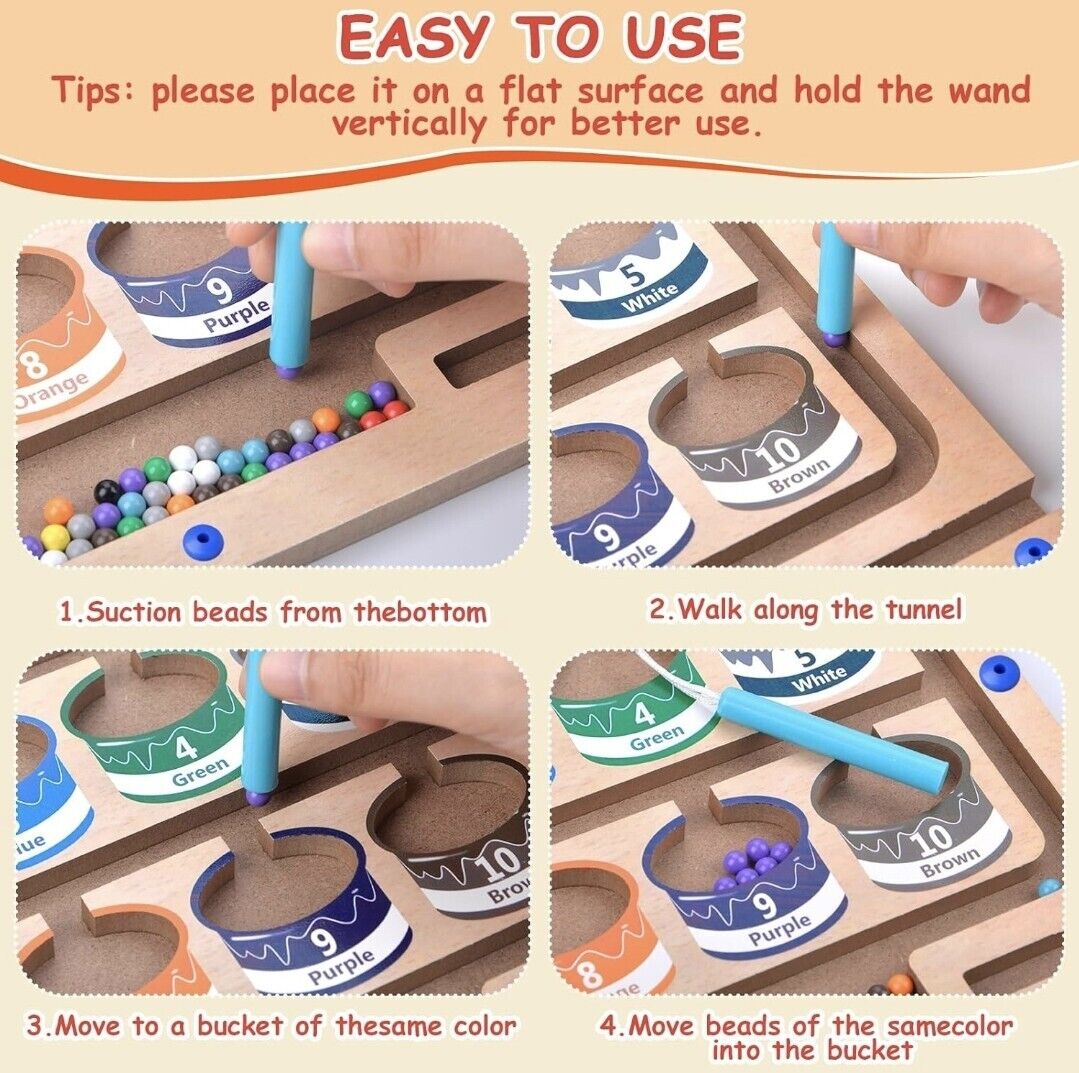 Montessori toys for 3 year olds featuring a colour matching activity with beads and wands