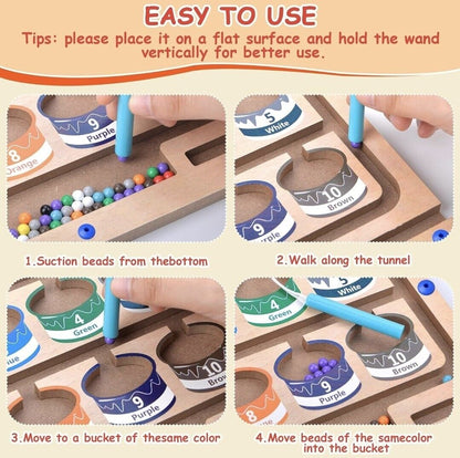 Montessori toys for 3 year olds featuring a colour matching activity with beads and wands
