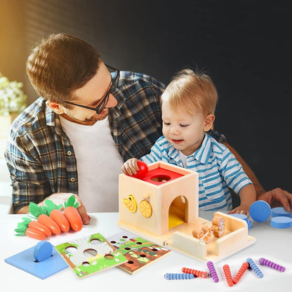 A father and son engaging with colourful Montessori toys for 3 year olds in a bright playroom setting