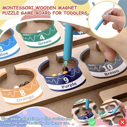 Montessori wooden magnet puzzle game board for toddlers featuring colourful rings and a wand for engaging play, ideal Montessori toys for 3 year olds.