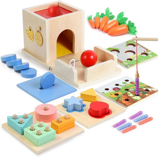Colourful Montessori toys for 3 year olds including shape sorters and interactive puzzles