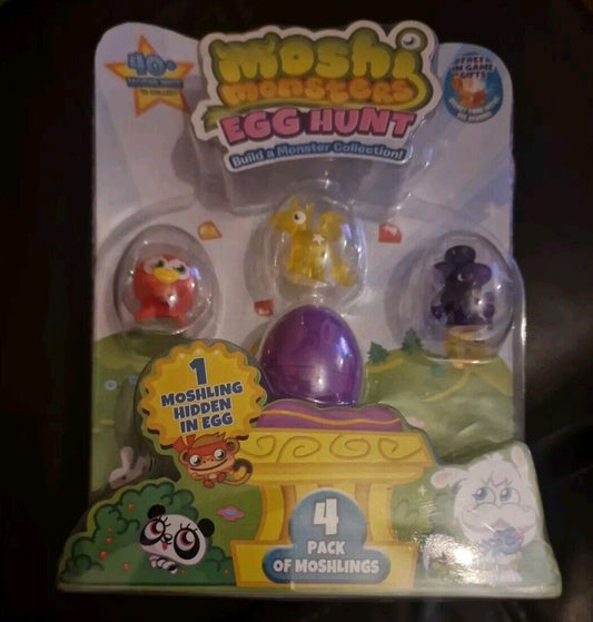 Moshi Monsters Egg Hunt toys pack with four colorful Moshlings and a purple egg surprise