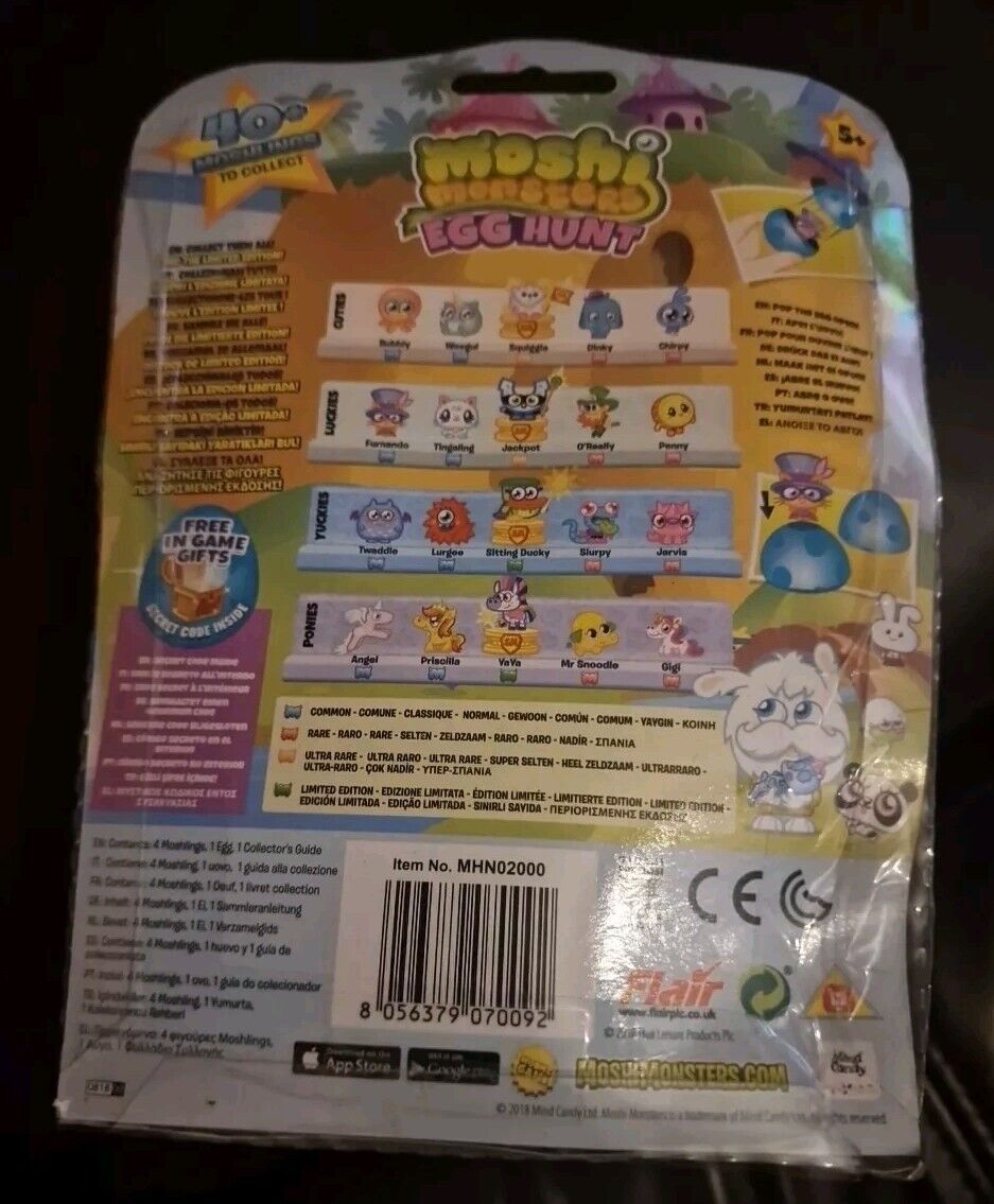 Back of Moshi Monsters Egg Hunt toys packaging showcasing multiple character designs and a collection list