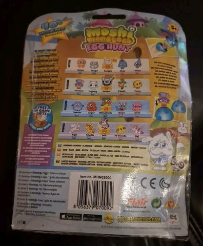 Back of Moshi Monsters Egg Hunt toys packaging showcasing multiple character designs and a collection list