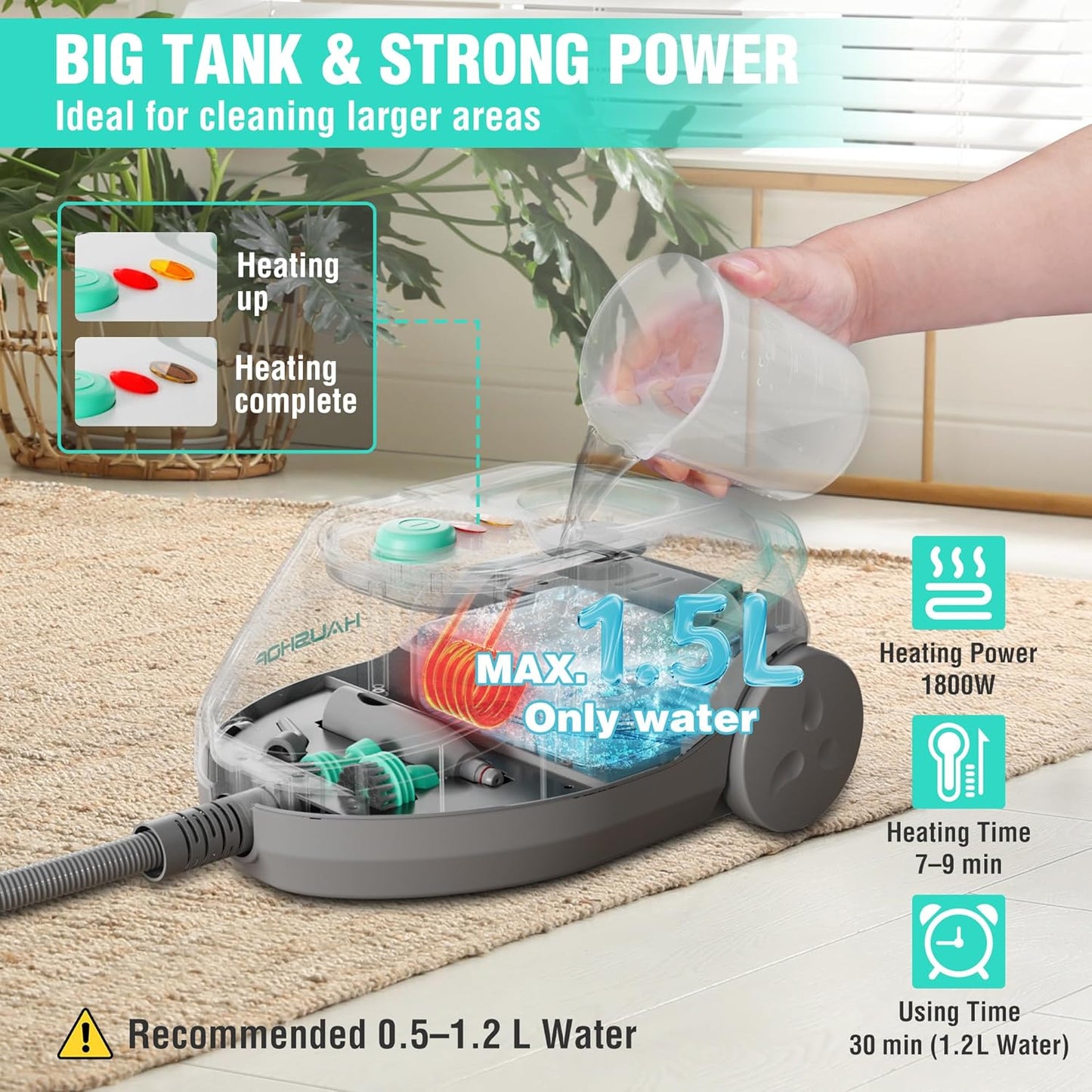 Haushof multipurpose steam cleaner with 1.5L tank and 1800W heating power for efficient cleaning