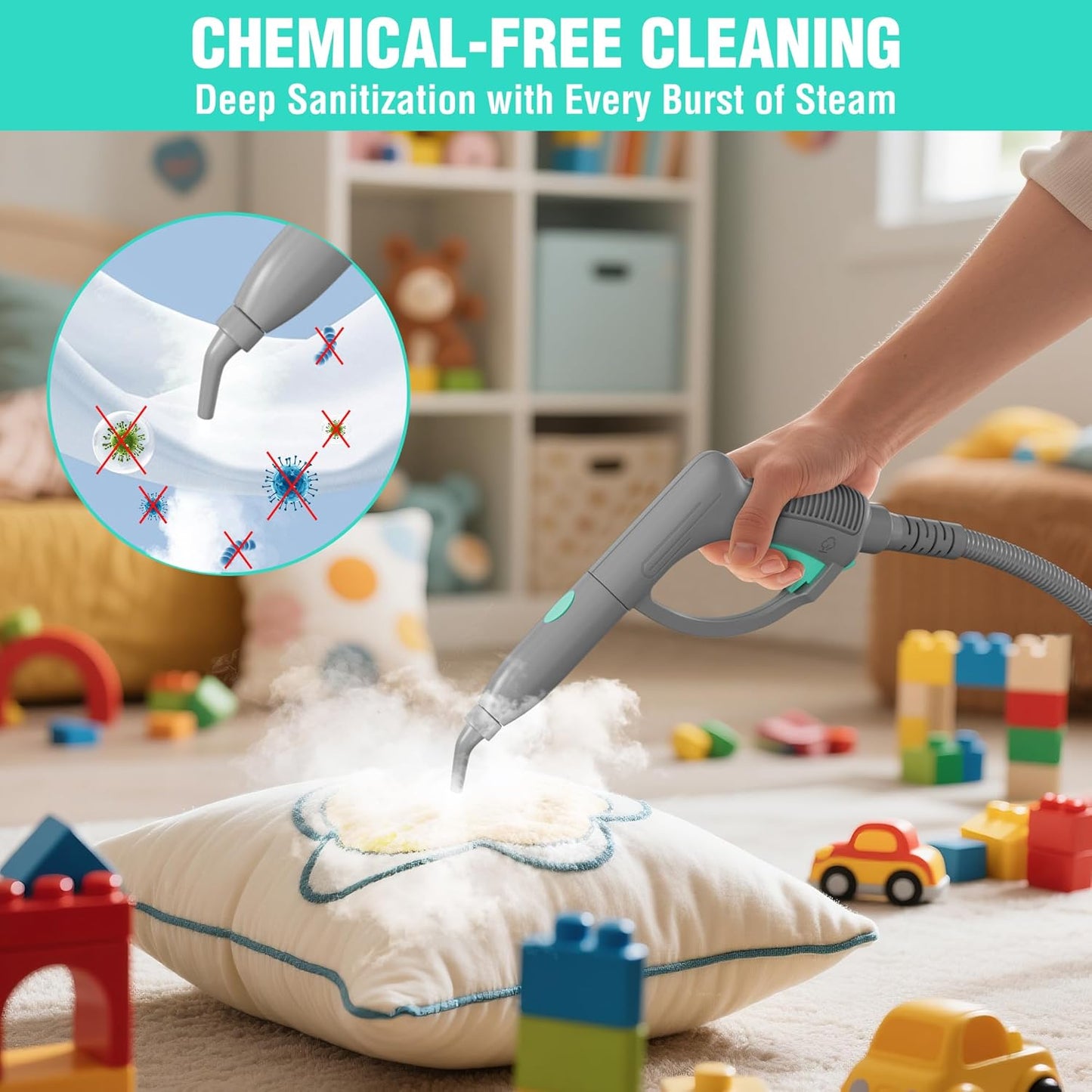 Haushof multipurpose steam cleaner spraying steam on a pillow for chemical-free cleaning