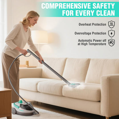 Haushof multipurpose steam cleaner in use for safe upholstery cleaning with protective features