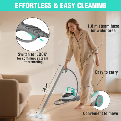 Haushof multipurpose steam cleaner in use, featuring a long hose for easy cleaning and convenience.
