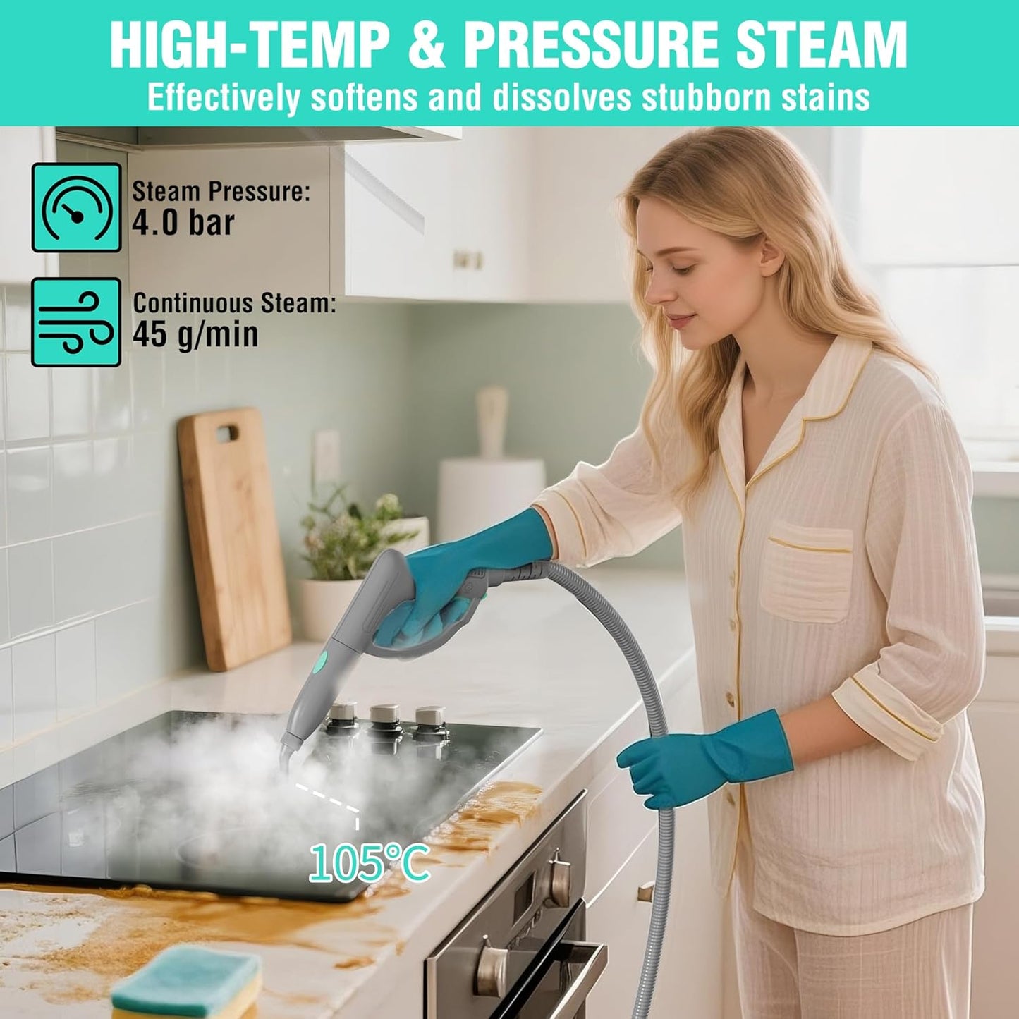 Woman using a multipurpose steam cleaner on a kitchen surface to remove stubborn stains