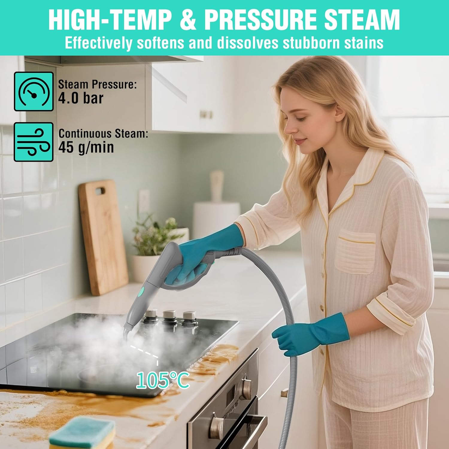 Woman using a multipurpose steam cleaner on a kitchen surface to remove stubborn stains