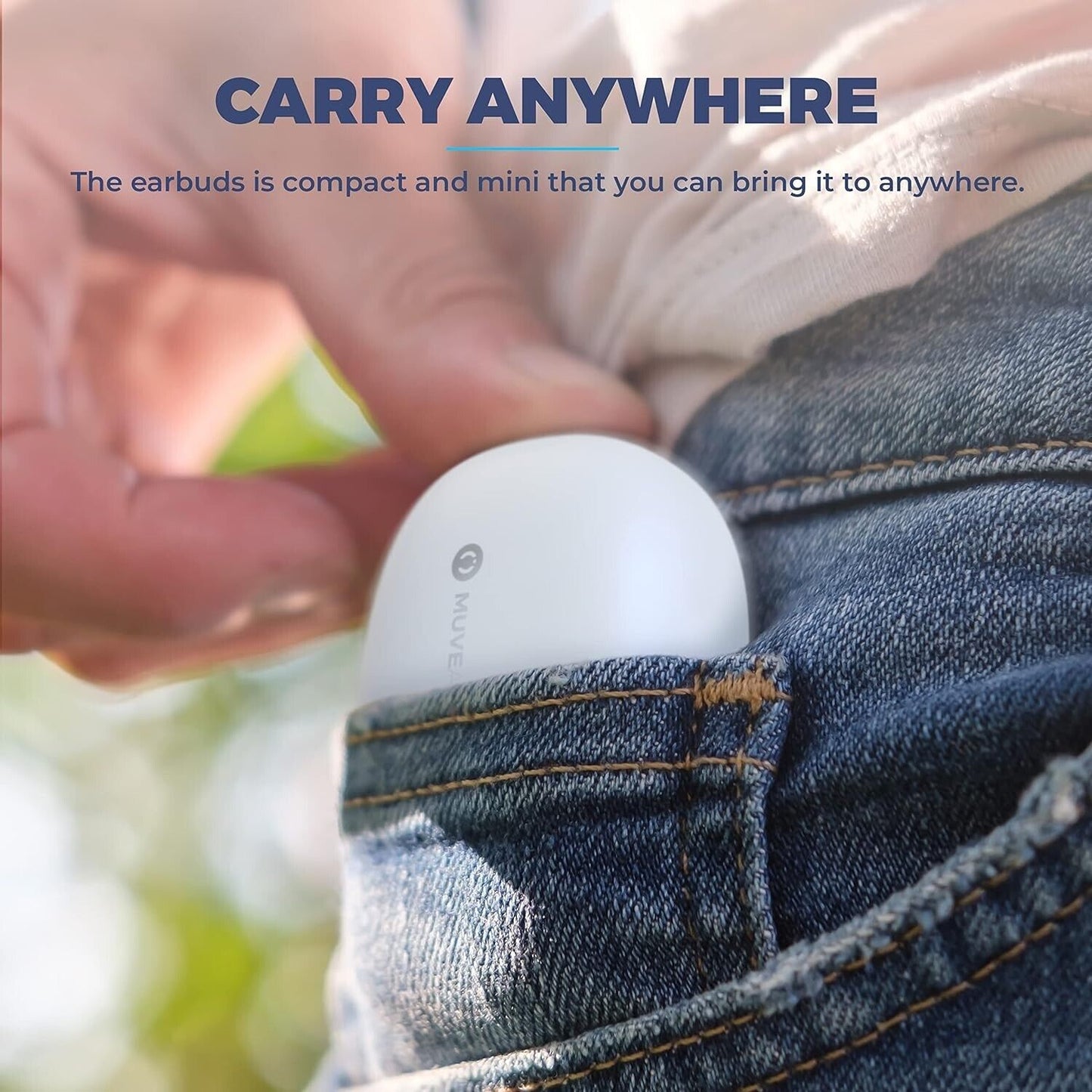 Neo Mini wireless earbuds in compact case easily fitting in a back pocket for portability