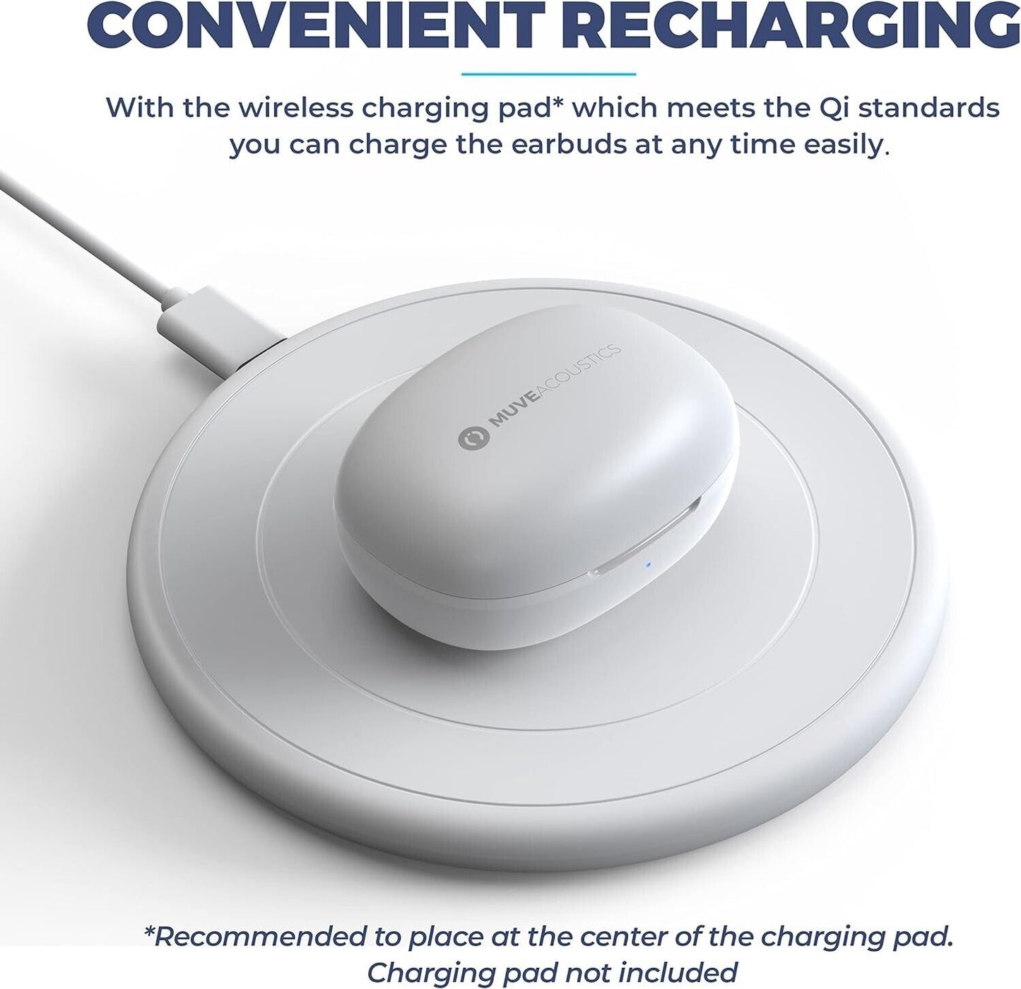 Neo Mini wireless earbuds charging on a Qi compatible wireless charging pad for convenient recharging