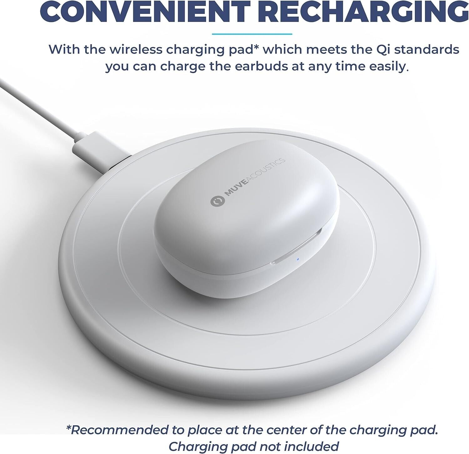 Neo Mini wireless earbuds charging on a Qi compatible wireless charging pad for convenient recharging