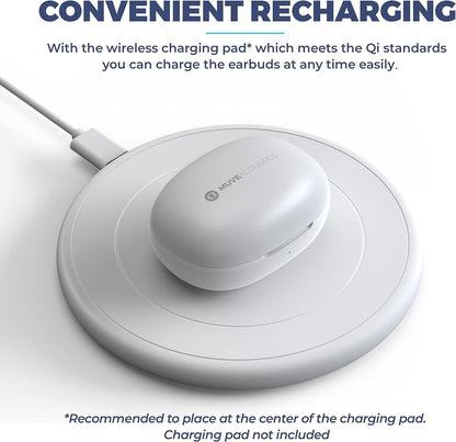 Neo Mini wireless earbuds charging on a Qi compatible wireless charging pad for convenient recharging