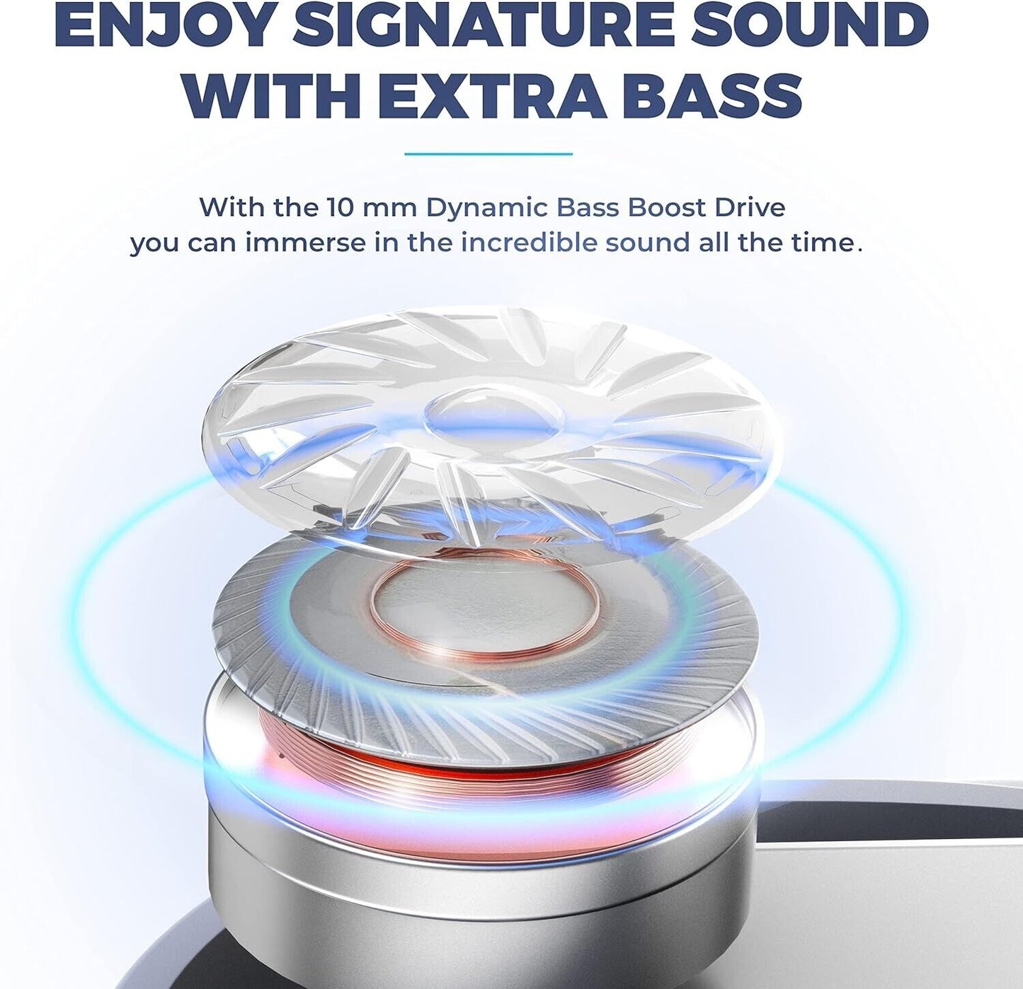 Neo Mini wireless earbuds showcasing 10 mm Dynamic Bass Boost Drive for immersive sound quality