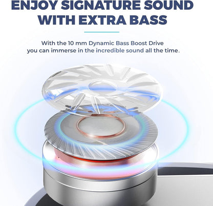 Neo Mini wireless earbuds showcasing 10 mm Dynamic Bass Boost Drive for immersive sound quality