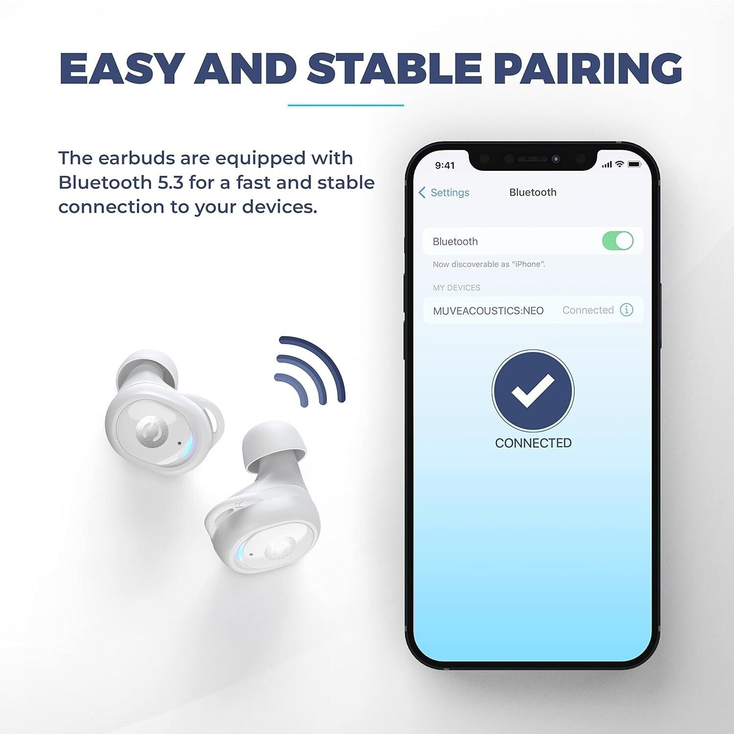 Neo Mini wireless earbuds with Bluetooth 5.3 for easy and stable pairing to your devices