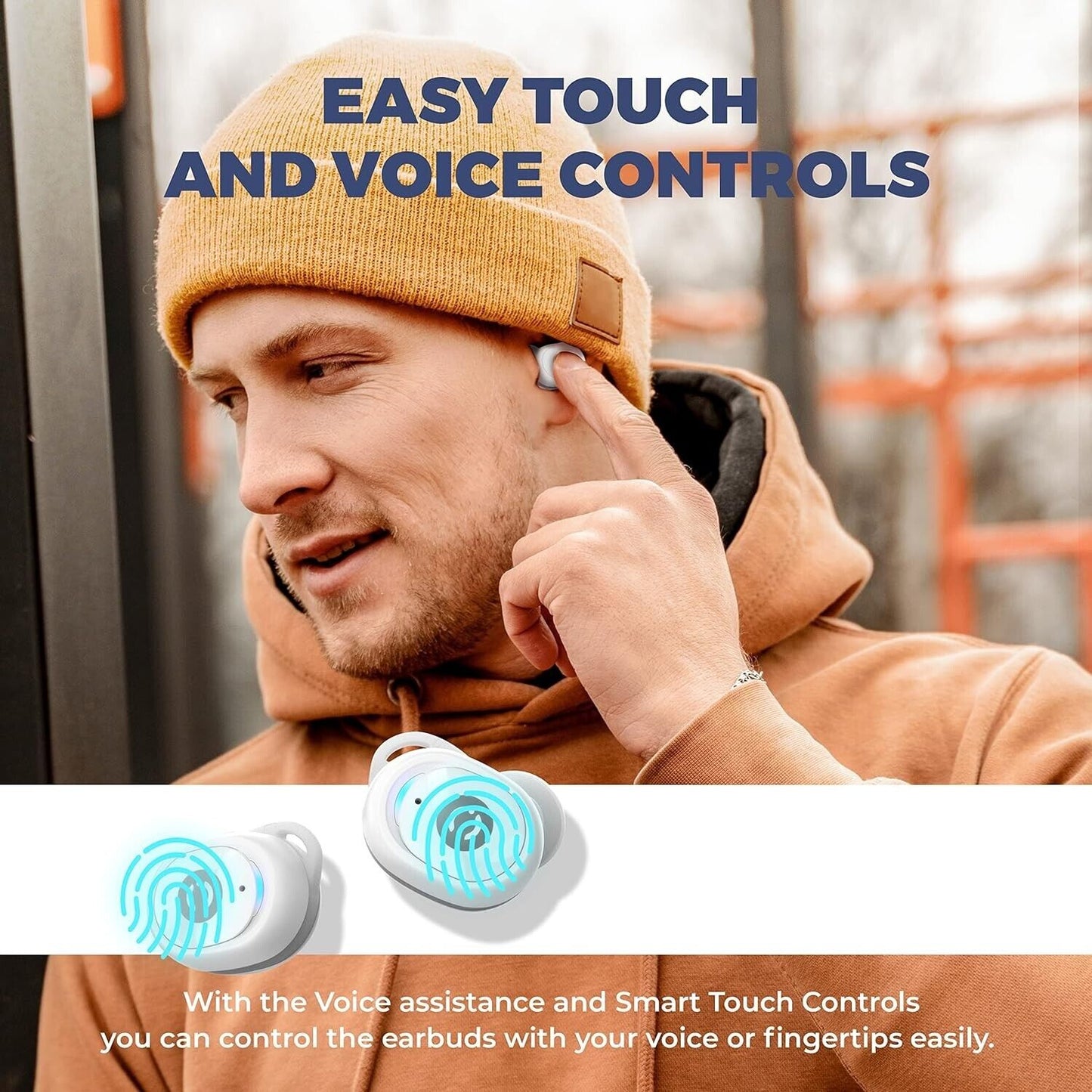 User wearing Neo Mini wireless earbuds with touch and voice controls for convenient listening