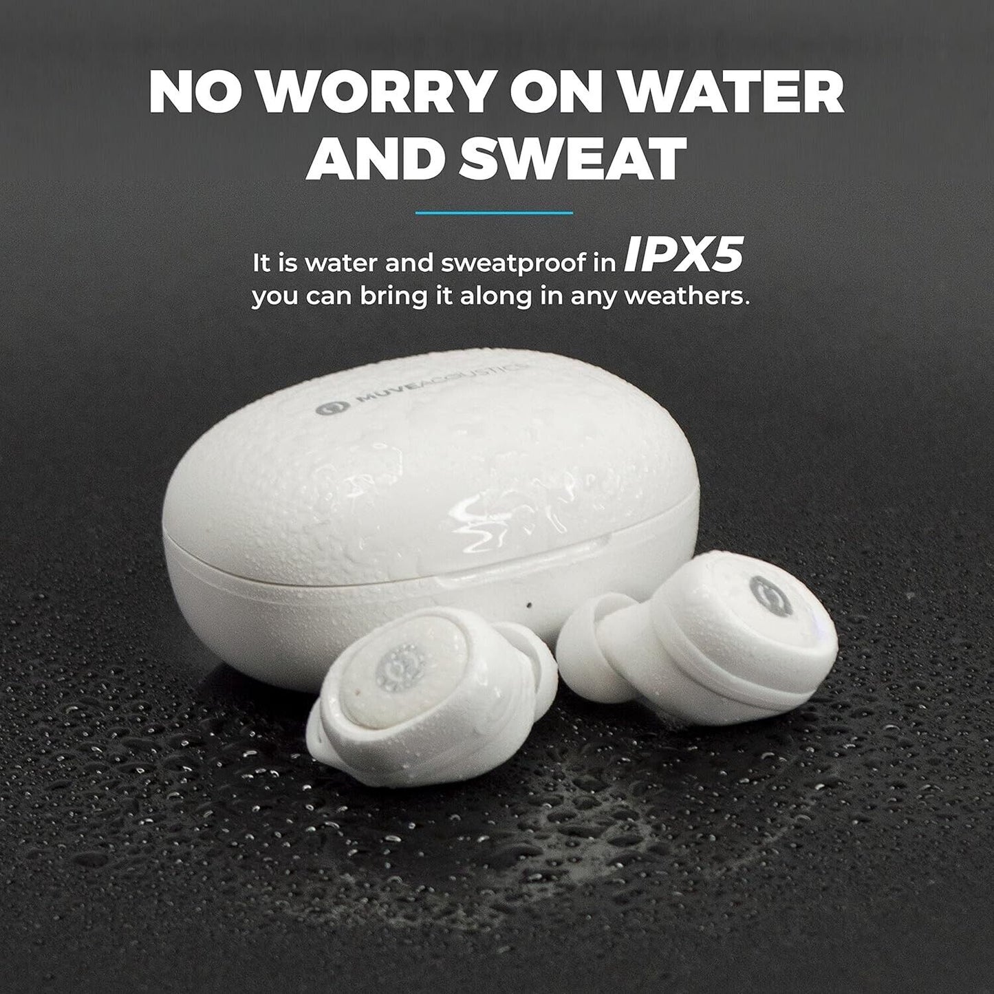 Neo Mini wireless earbuds in white with water droplets, showcasing their IPX5 water and sweat resistance