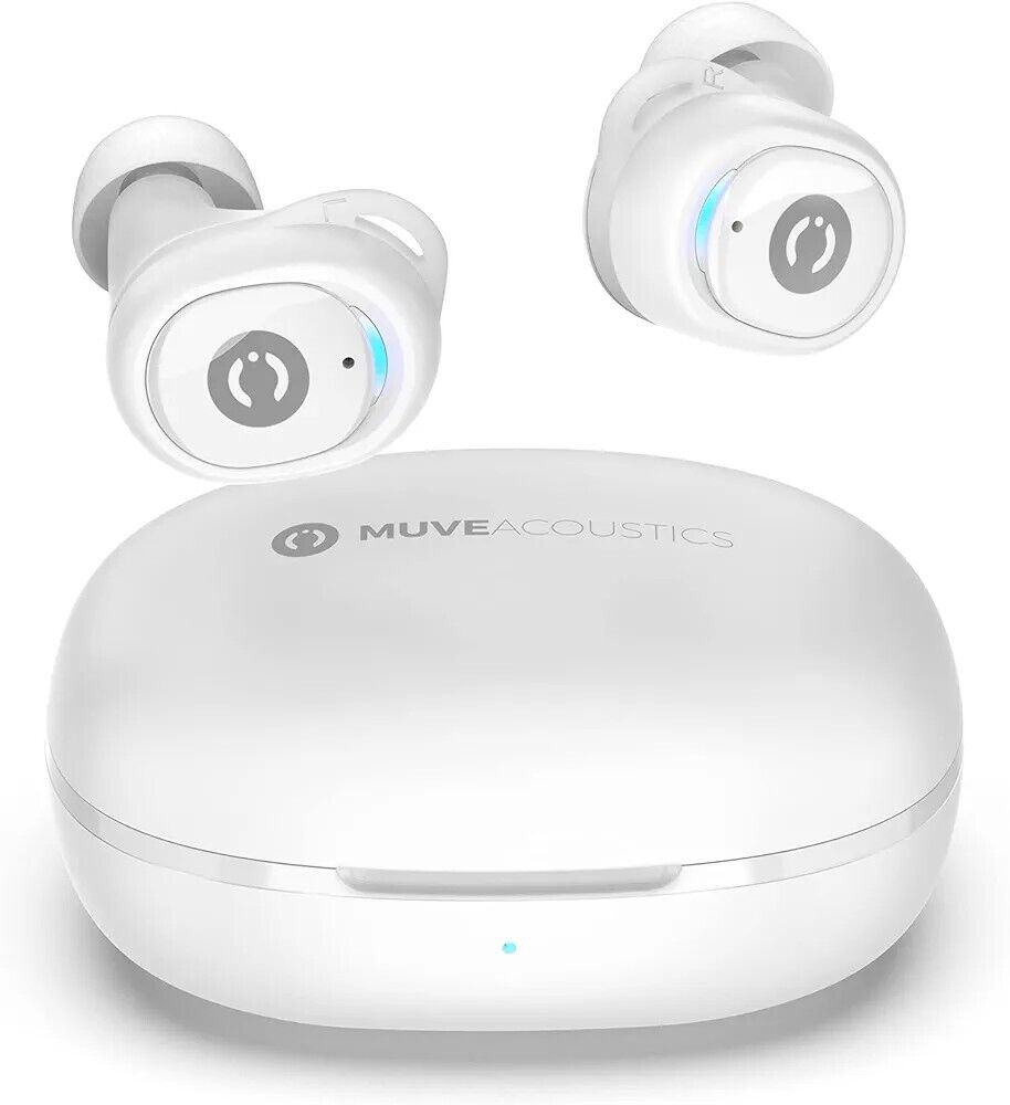 Muve Acoustics Neo Mini wireless earbuds in white with charging case and LED indicator
