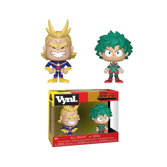 Funko My Hero Academia collectibles featuring All Might and Deku Vinyl figures in a colorful box