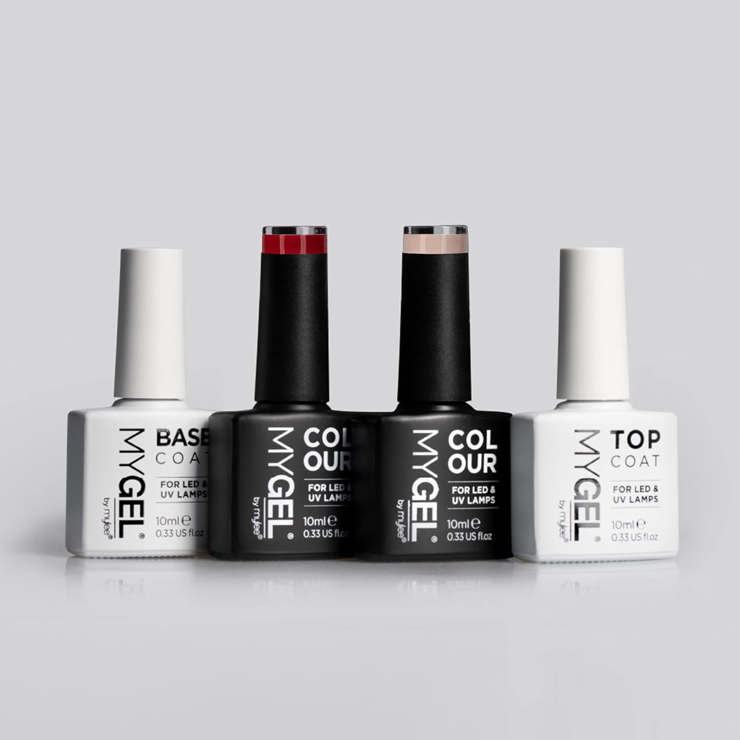 Mylee Mygel Colour Collection nail polish set including base coat and top coat in black and white bottles