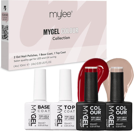 Mylee Mygel Colour Collection nail polish set with two colour gels, base coat, and top coat for salon-quality nails