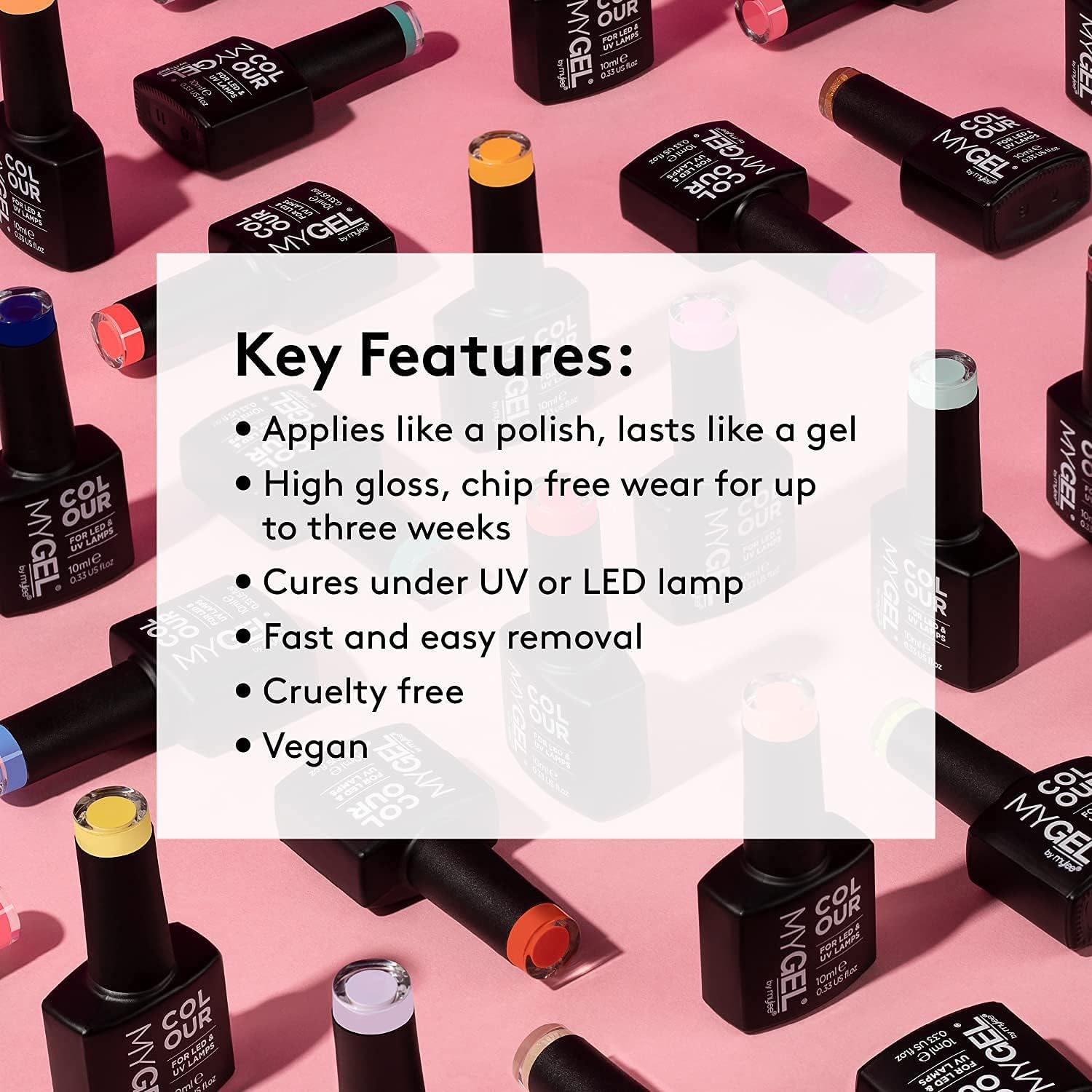 Mylee Mygel Colour Collection nail polish bottles showcasing vibrant, chip-free colours for lasting wear