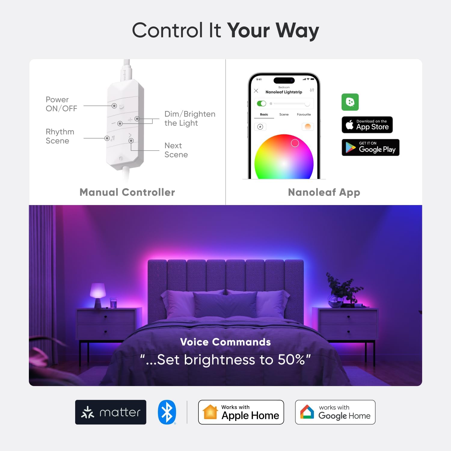 Nanoleaf Matter LED light strip with manual controller and app controls for smart lighting