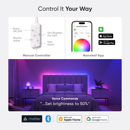 Nanoleaf Matter LED light strip with manual controller and app controls for smart lighting