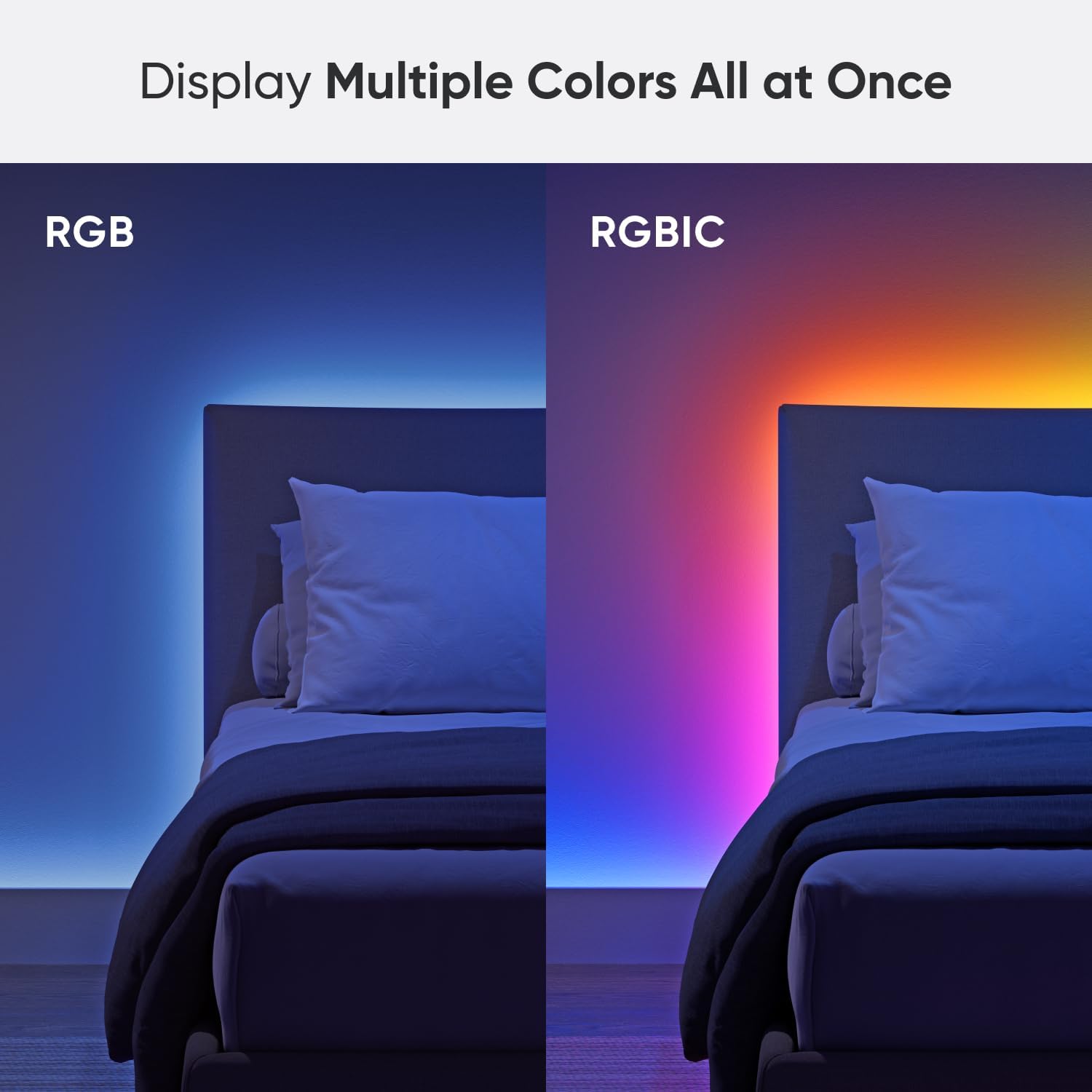 Nanoleaf Matter LED light strip showcasing multiple colours RGB and RGBIC on a bedroom wall