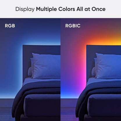 Nanoleaf Matter LED light strip showcasing multiple colours RGB and RGBIC on a bedroom wall