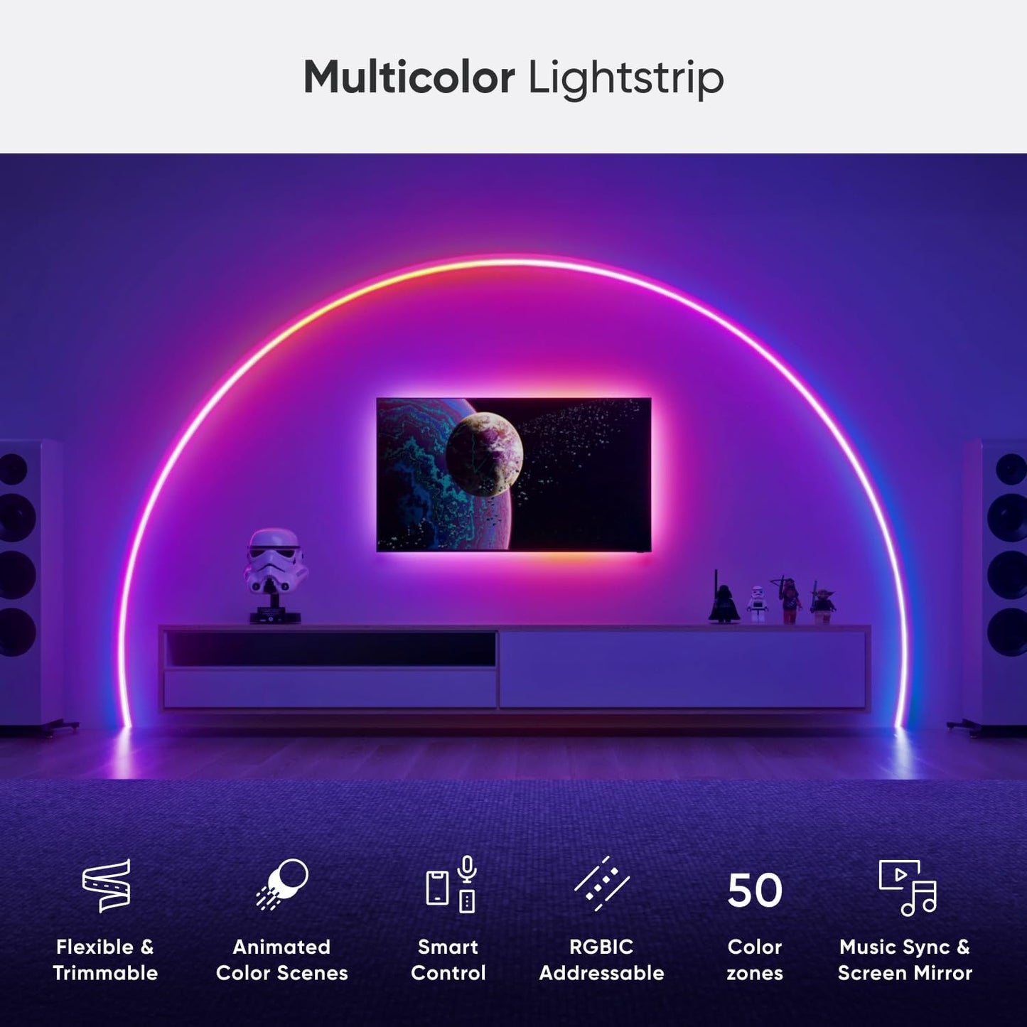 Nanoleaf Matter LED light strip creating a multicolour glow around a television for vibrant home lighting
