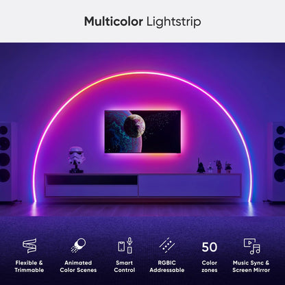 Nanoleaf Matter LED light strip creating a multicolour glow around a television for vibrant home lighting