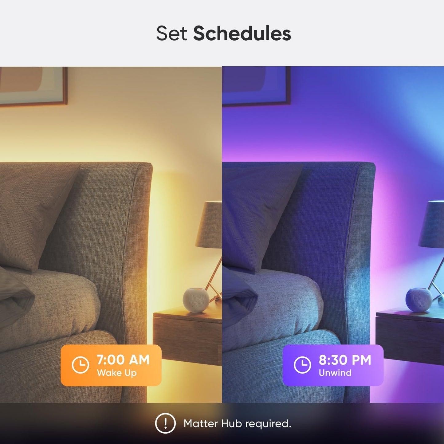 Nanoleaf Matter LED light strip showcased with scheduled wake and unwind lighting settings