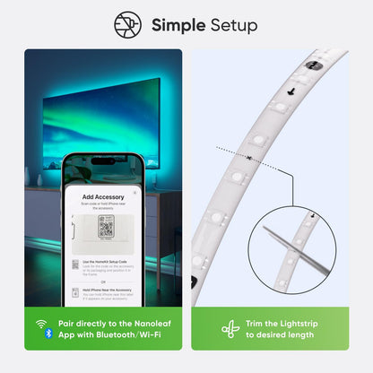 Nanoleaf Matter LED light strip showing simple setup instructions with smartphone app for easy installation